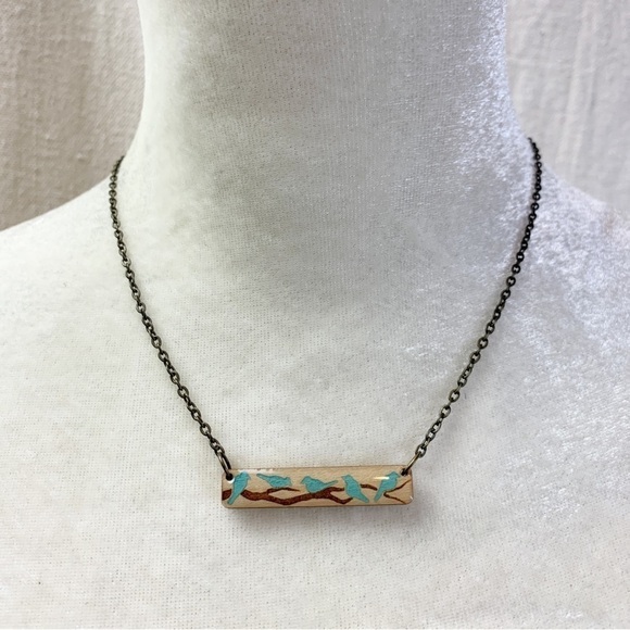 Wood Birds on a Branch Bar pendant Necklace - Picture 1 of 7